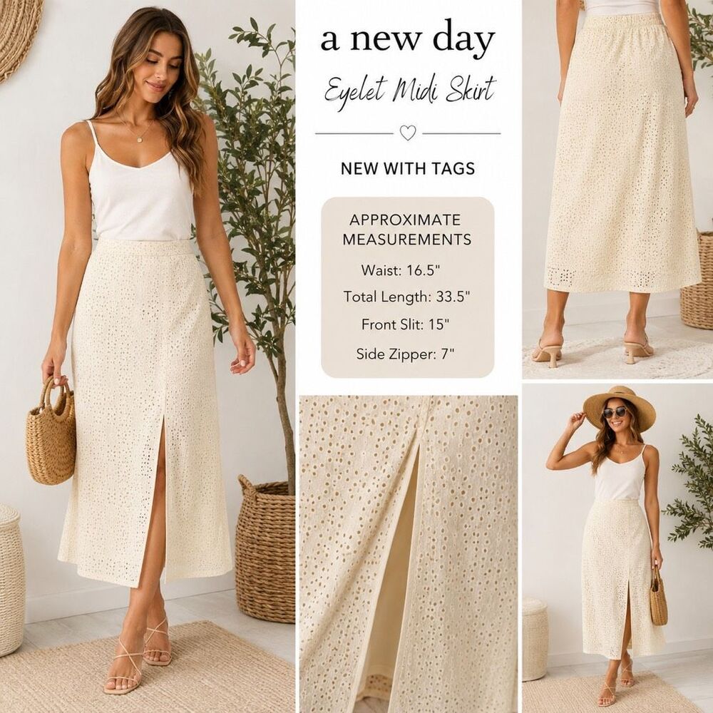 A New Day Eyelet Midi Skirt NWT Women’s Size 12 Ivory/Cream Midi Skirt